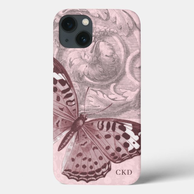 Triple Monogram Pink Baroque Butterfly Art Case-Mate iPhone Case (Back)