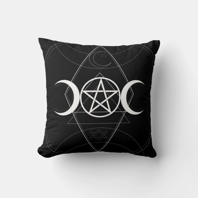 Triple Moon Geometry Pentagram Black & White Wicca Cushion (Front)