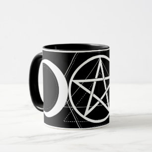 Triple Moon Geometry Pentagram Black & White Wicca Mug