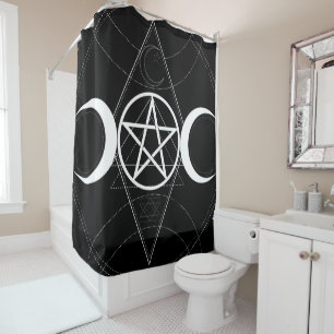 Triple Moon Geometry Pentagram Black & White Wicca Shower Curtain
