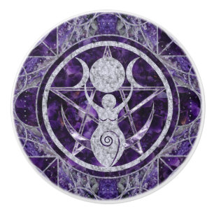 Triple Moon - Goddess -Amethyst and Silver Ceramic Knob