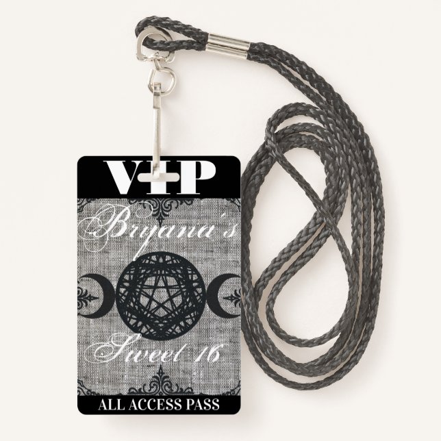 Triple Moon Goddess Burlap VIP Pass Birthday Party ID Badge (Front with Lanyard)