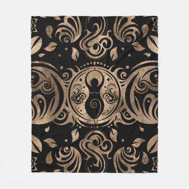 Triple Moon Goddess Gold and Black Fleece Blanket (Front)