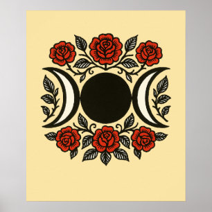 Triple Moon Goddess Symbol Red Roses Blooming      Poster