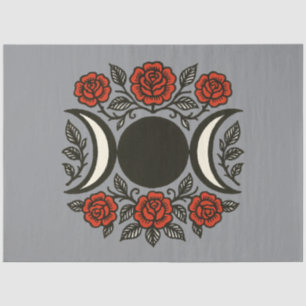 Triple Moon Goddess Symbol Red Roses Blooming Tissue Paper