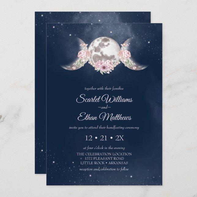 Triple Moon Midnight Blue Starry Sky Handfasting Invitation (Front/Back)