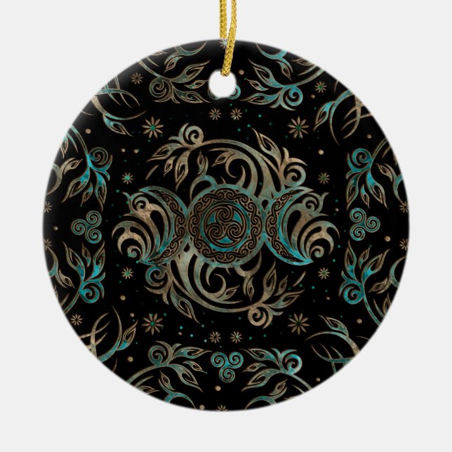 Triple Moon Shimmering Teal Ceramic Ornament (Front)