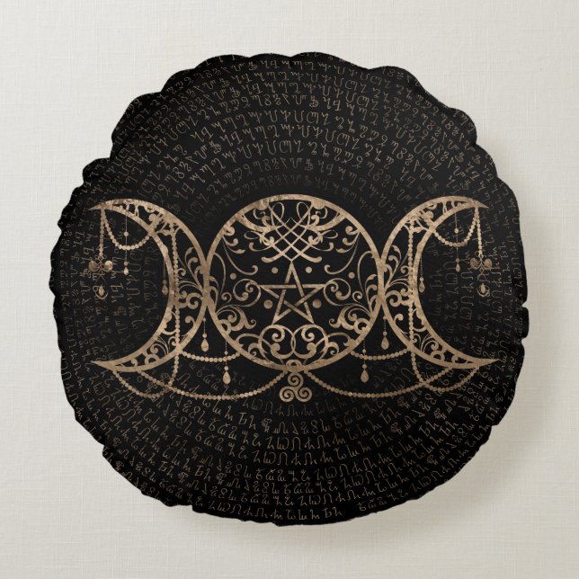 Triple Moon - Triple Goddess Gold and black Round Cushion (Front)
