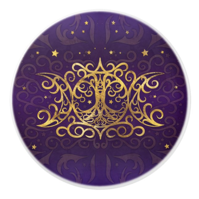 Triple Moon - Triple Goddess Gold and Purple Ceramic Knob (Front)