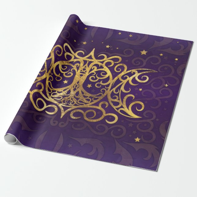 Triple Moon - Triple Goddess Gold and Purple Wrapping Paper (Unrolled)