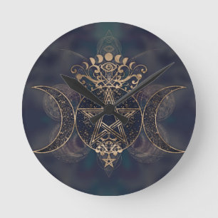 Triple Moon - Triple Goddess Gold and Purples Round Clock