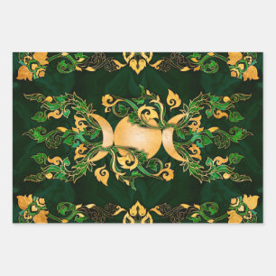 Triple Moon - Triple Goddess Malachite and Gold Wrapping Paper Sheet