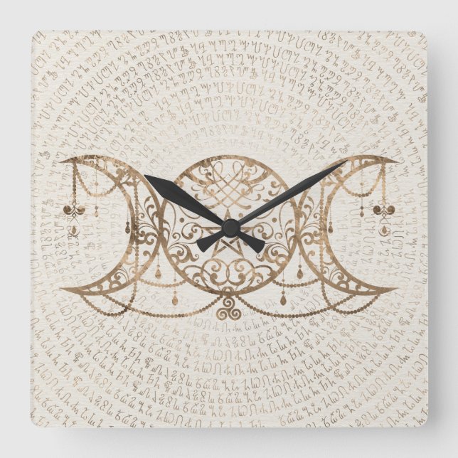 Triple Moon - Triple Goddess Pastel Gold Square Wall Clock (Front)