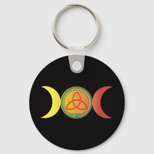 triple moon with green ouroboros and red triquetra key ring