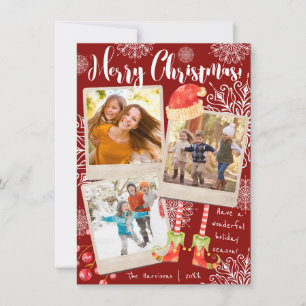 Triple Photo Red & White Christmas   Personalised Holiday Card