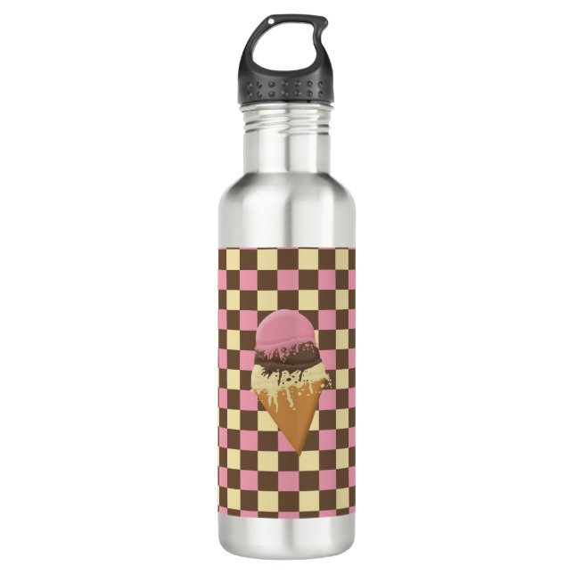 Triple-scoop Ice Cream Cone over chequered pattern 710 Ml Water Bottle (Front)