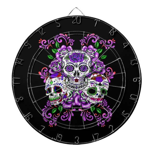 Triple Skull Purple Floral Sugar Skulls Dartboard (Front)