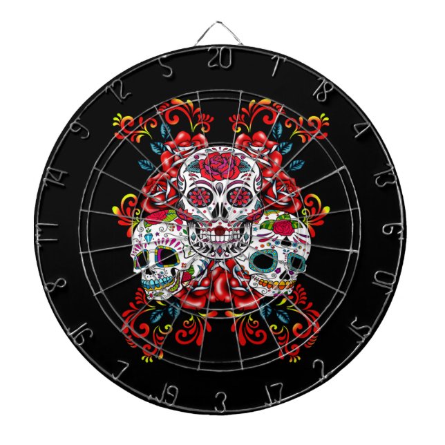 Triple Skull Red Floral Sugar Skulls Dartboard (Front)