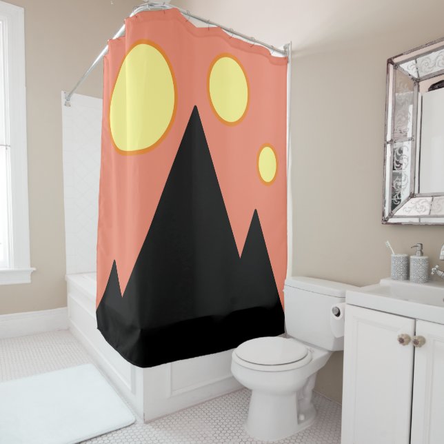 Triple Sun Black Mountains Abstract Art Shower Curtain (In Situ)