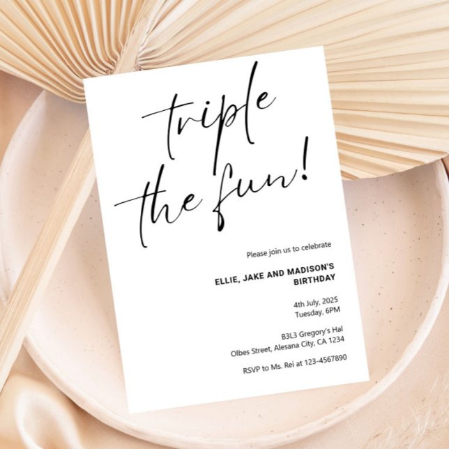 Triple the Fun Minimalist Joint Sibling Invitation (Creator Uploaded)