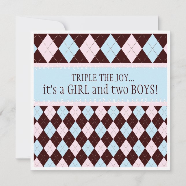 Triple the Joy Argyle Boy Girl Triplet Baby Shower Invitation (Front)
