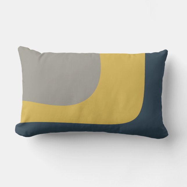 Triple Wave Minimalist Pattern Mustard Navy Grey Lumbar Cushion (Front)