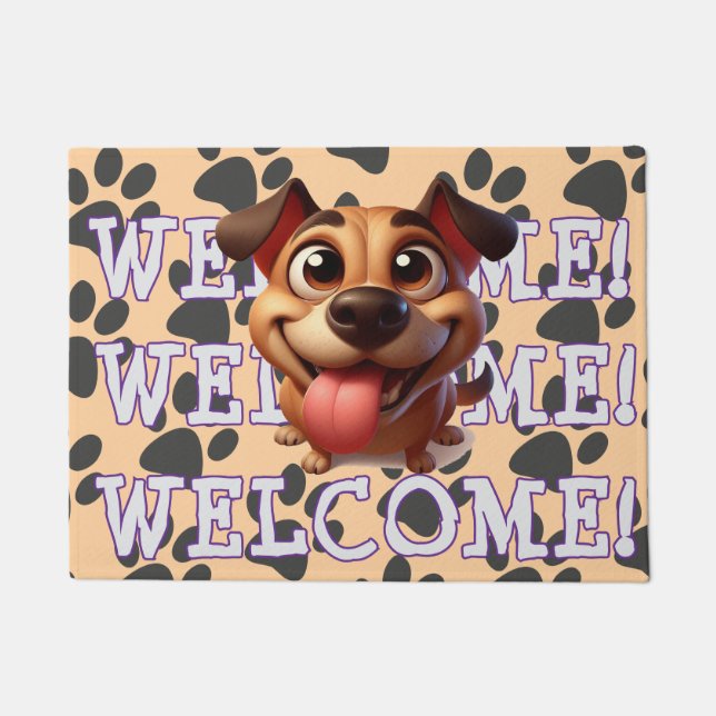 Triple Welcome  Eager Dog Pawprint Funny  Doormat (Front)