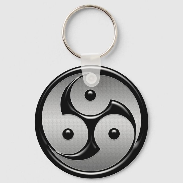 Triple Yin Yang - Metal & Glossy Black Key Ring (Front)