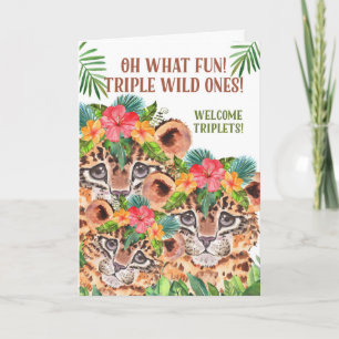 Triplet Baby Congratulations Cheetah Jungle Theme Card