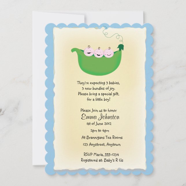 Triplet boy 'Peas in a Pod' baby shower invite (Front)