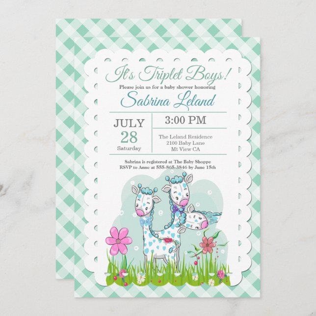 Triplet Boys Adorable Giraffes Baby Shower Invitation (Front/Back)
