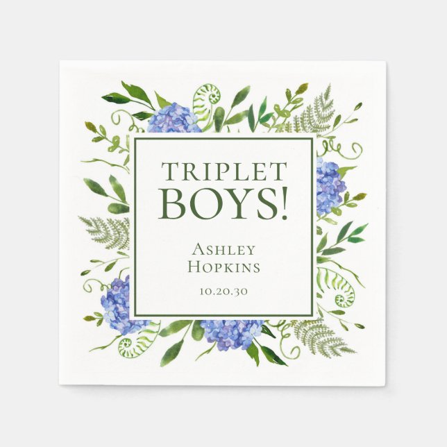 Triplet Boys Blue Hydrangeas Baby Shower Napkin (Front)