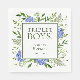 Triplet Boys Blue Hydrangeas Baby Shower Napkin