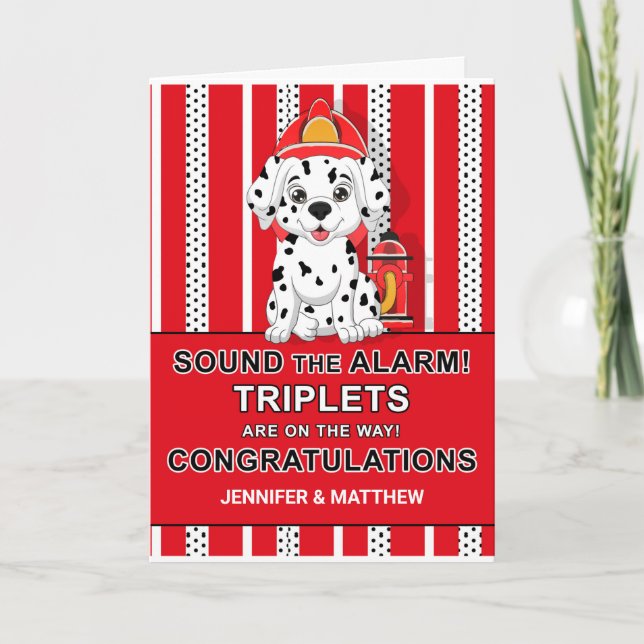 Triplet Congratulations Dalmatian Puppy Firehouse Card (Front)