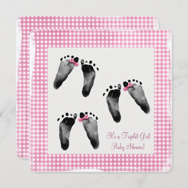 Triplet Girl Baby Shower with footprints Invitation (Front/Back)