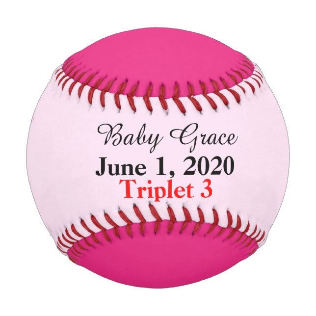 Triplet Girl Pink Birth Stats Baseball (Front)