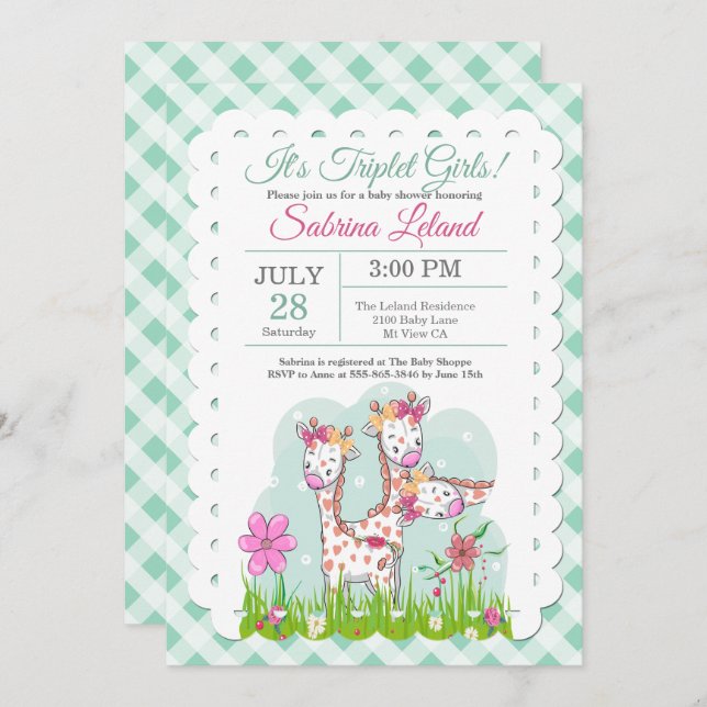 Triplet Girls Adorable Giraffes Baby Shower Invitation (Front/Back)