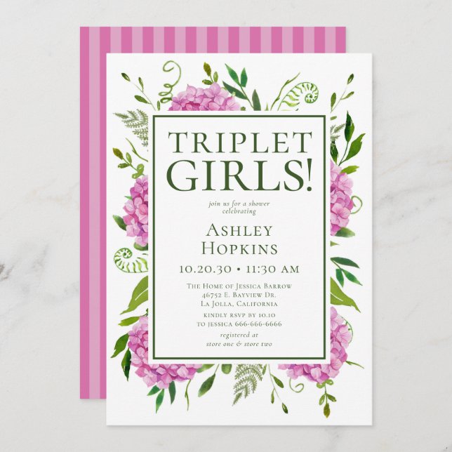 Triplet Girls Pink Hydrangeas Baby Shower  Invitation (Front/Back)