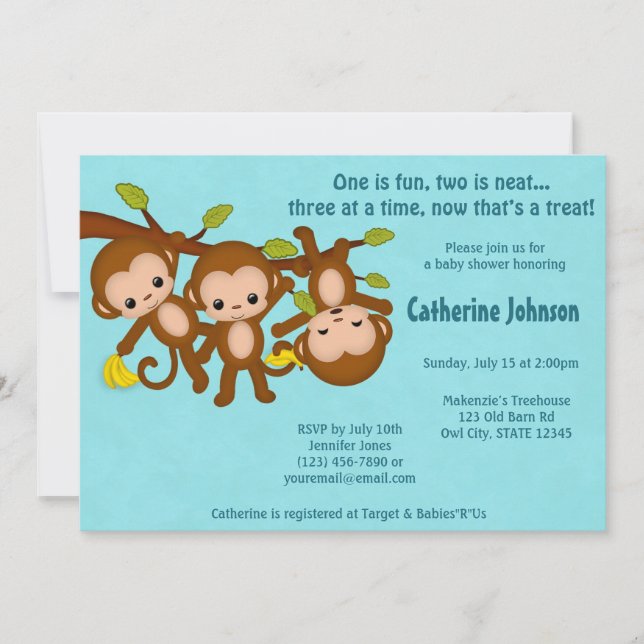 TRIPLET Monkeys Baby Shower Invitations BLUE MM2 (Front)