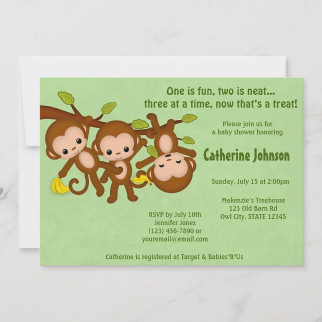 TRIPLET Monkeys Baby Shower Invitations GREEN MM2 (Front)