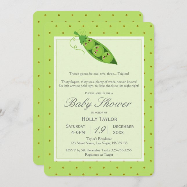 Triplet Peas in a Pod Baby Shower Invitation (Front/Back)
