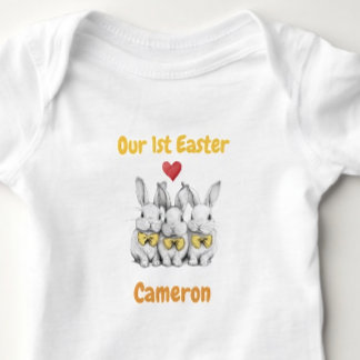 Triplets 1st Easter Outfit, Bunnies, Personalized  Baby Bodysuit