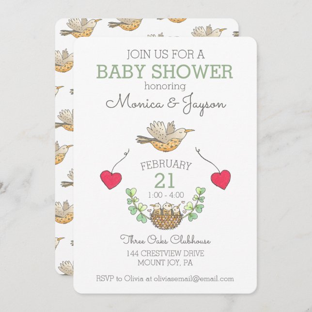 Triplets Baby Shower Bird and Nest Invitation (Front/Back)