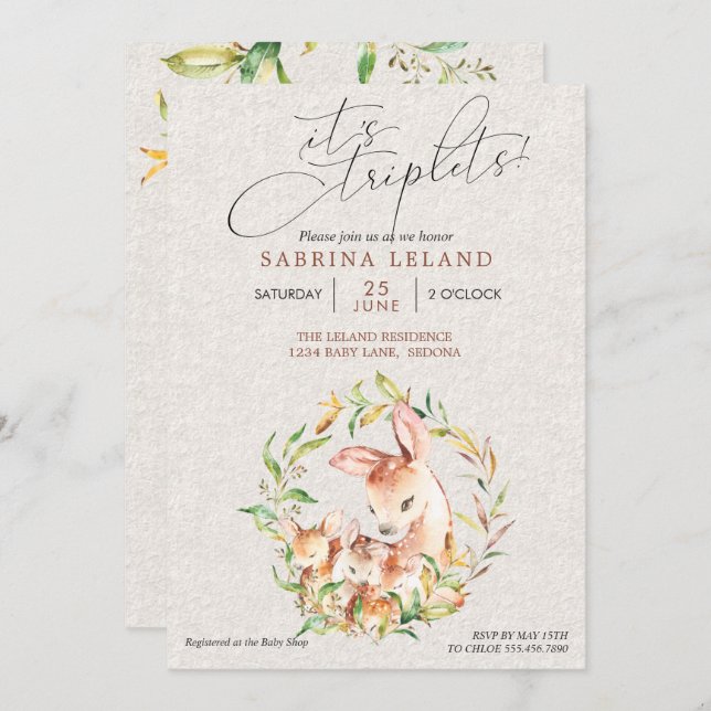 Triplets Baby Shower Deer Fawns in Leafy Wreath Invitation (Front/Back)