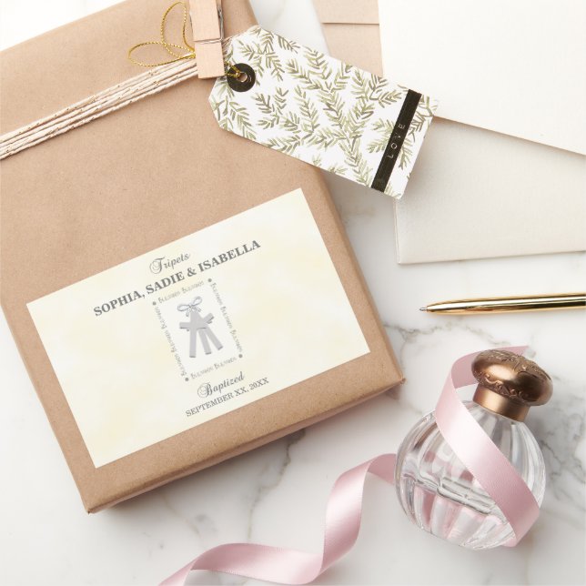 Triplets Baptism on Yellow 3 Crosses Personalised Rectangular Sticker (Gifting)
