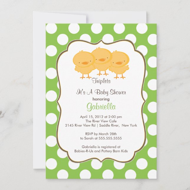 Triplets Chick Baby Shower Invitation Green (Front)