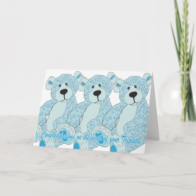 Triplets Congratulations Teddy Bear in blue Card (Front)