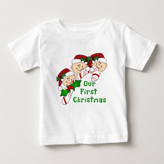 Triplets First Christmas Candy Cane Baby T-Shirt (Front)