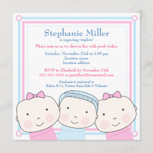 Triplets Girl Boy Pink Blue Baby Shower Invitation