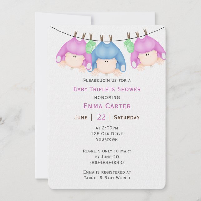 Triplets On Clothesline Baby Shower  Invitation (Front)